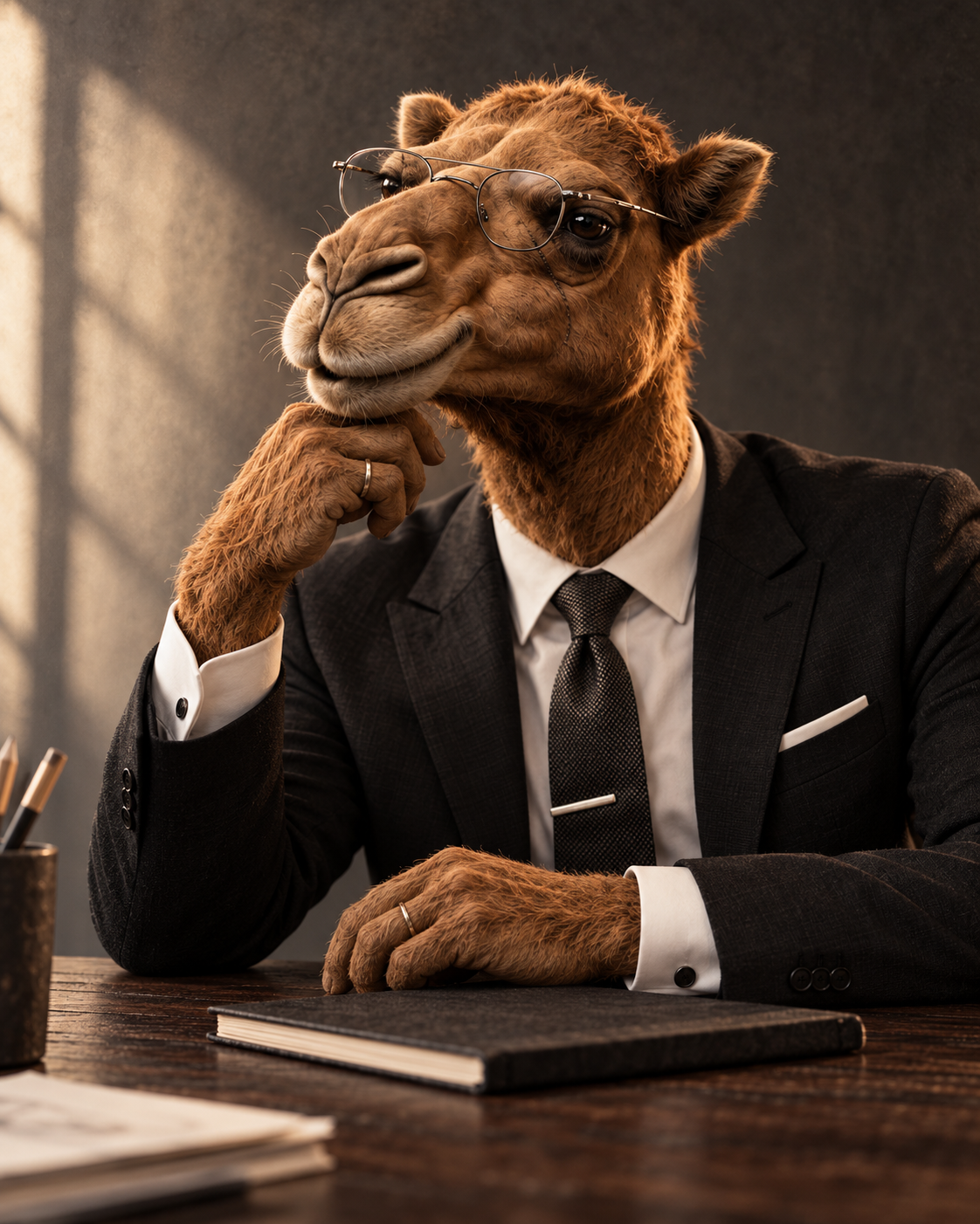 Growing Desert’s camel brand ambassador in glasses and a dark suit, seated at a creative studio desk
